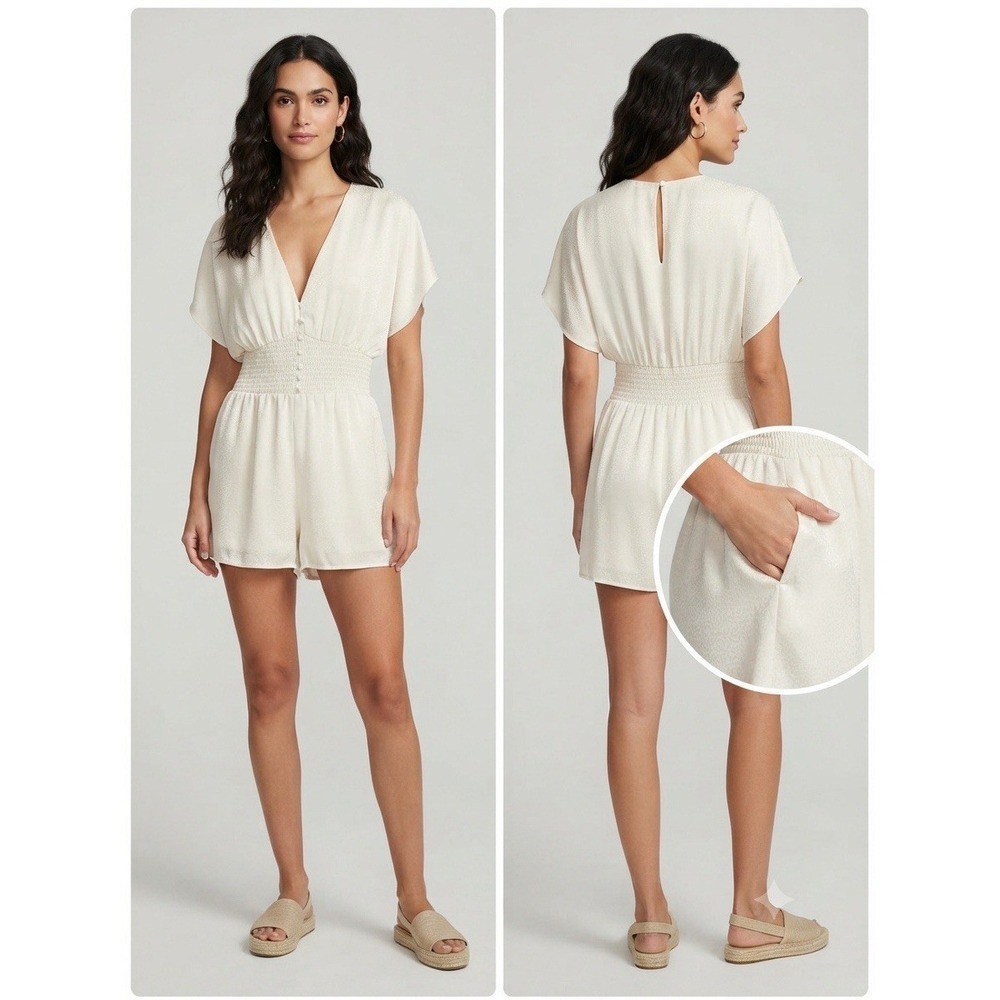 Womens Express White Romper Short Sleeve V-Neck Smocked Waist Side Pockets Sz XS